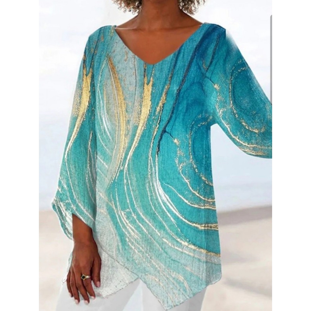Curvedream Elegant Teal and Gold Midsleeve Women's Top 2XL